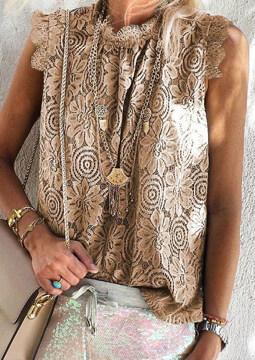 

Blouses Lace Splicing Sleeveless O-Neck Blouse in Khaki. Size: L,M,,XL