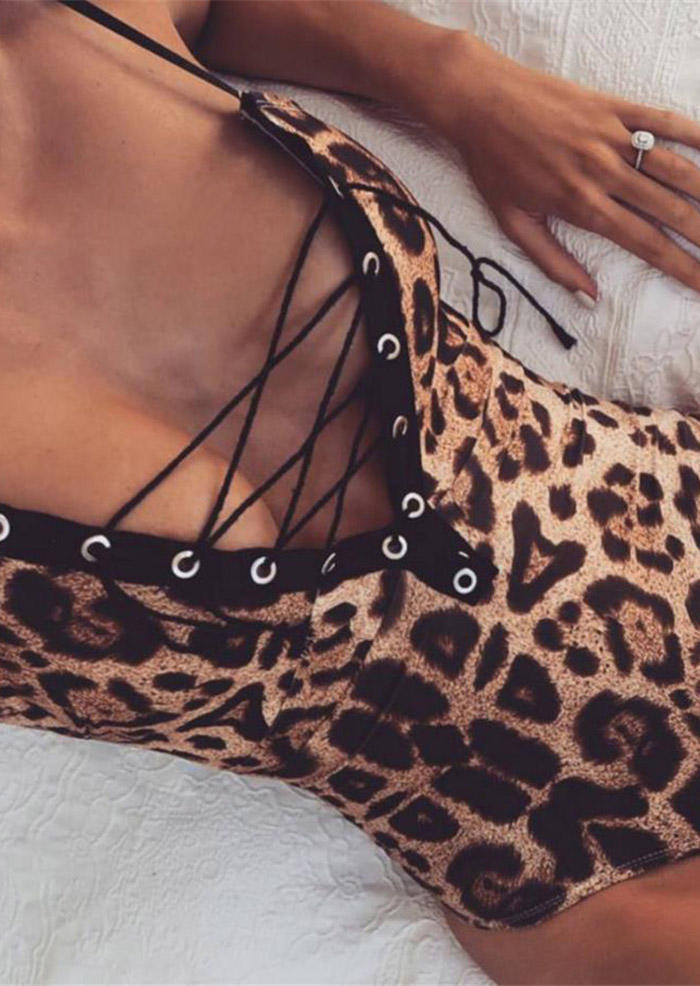

Bodysuits Leopard Lace Up Spaghetti Strap Skinny Bodysuits in Multicolor. Size