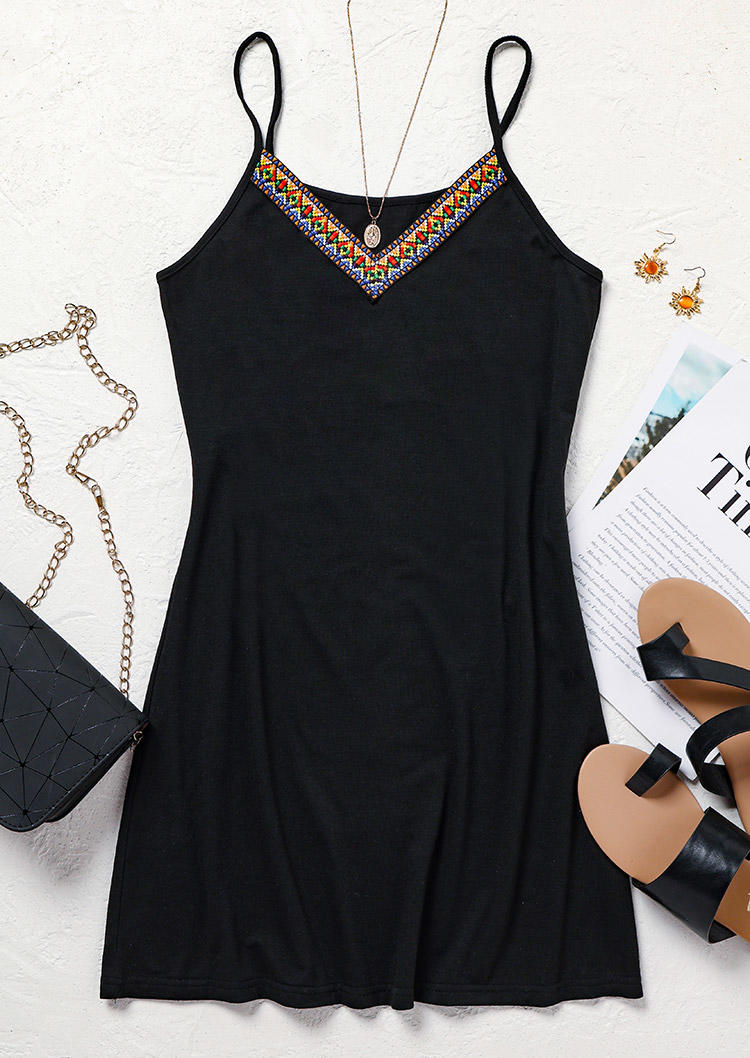 

Mini Dresses Ethnic Spaghetti Strap V-Neck Mini Dress in Black. Size: ,XL