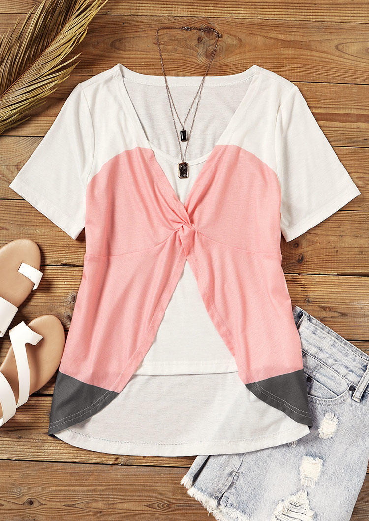 

Blouses Color Block Twist Short Sleeve Blouse in Multicolor. Size: L,M,,XL