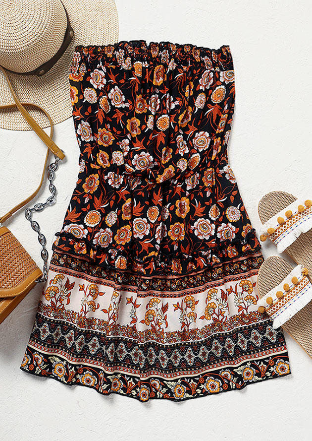 

Mini Dresses Floral Strapless Bandeau Bohemian Mini Dress in Black. Size