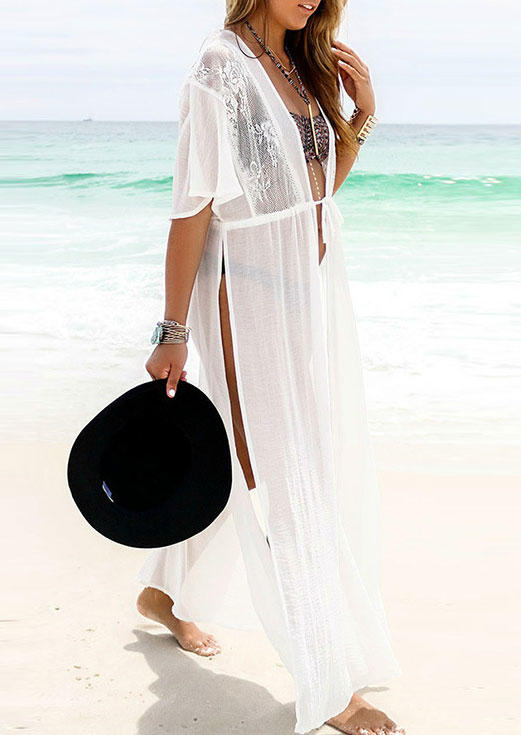 

Cover Ups Floral Lace Splicing Slit Cover Up in White. Size