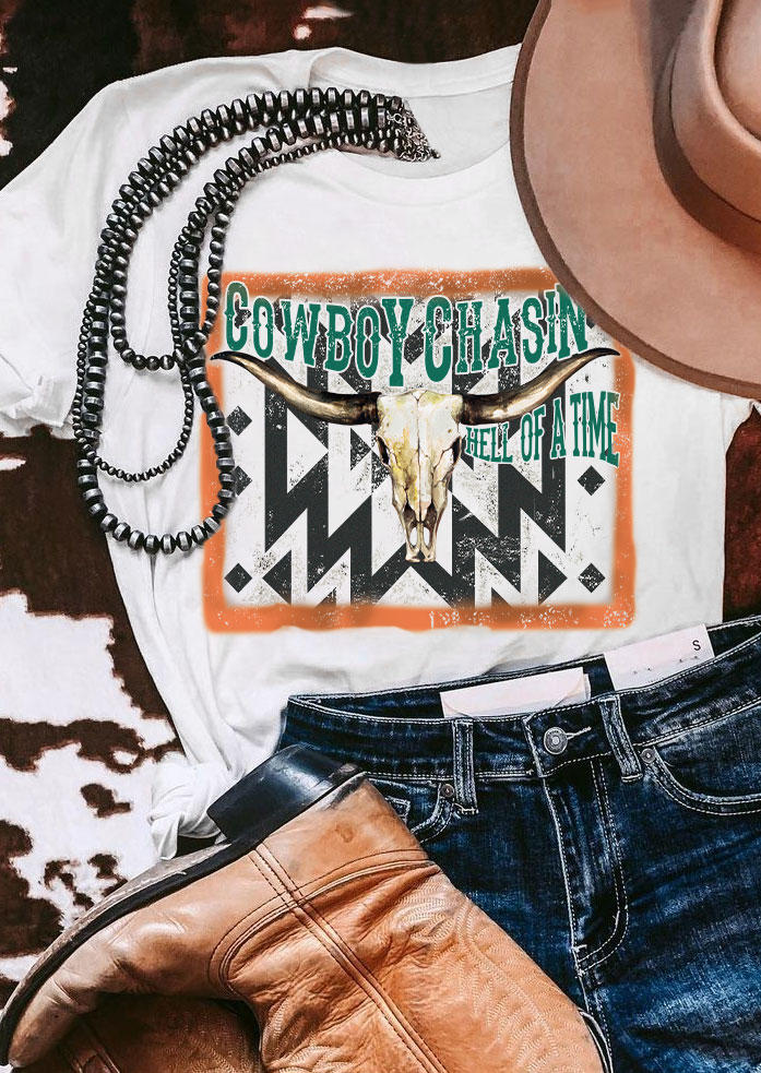 Cowboy Chasin Steer Skull T-Shirt Tee - White