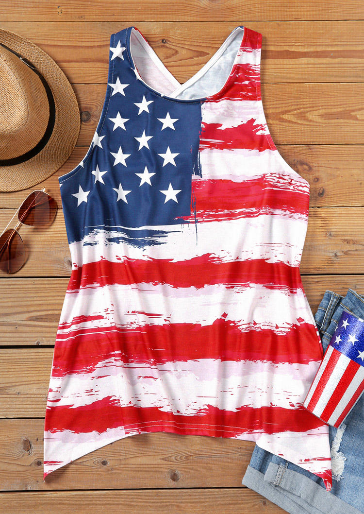 

Tank Tops American Flag Open Back Casual Tank Top in Multicolor. Size