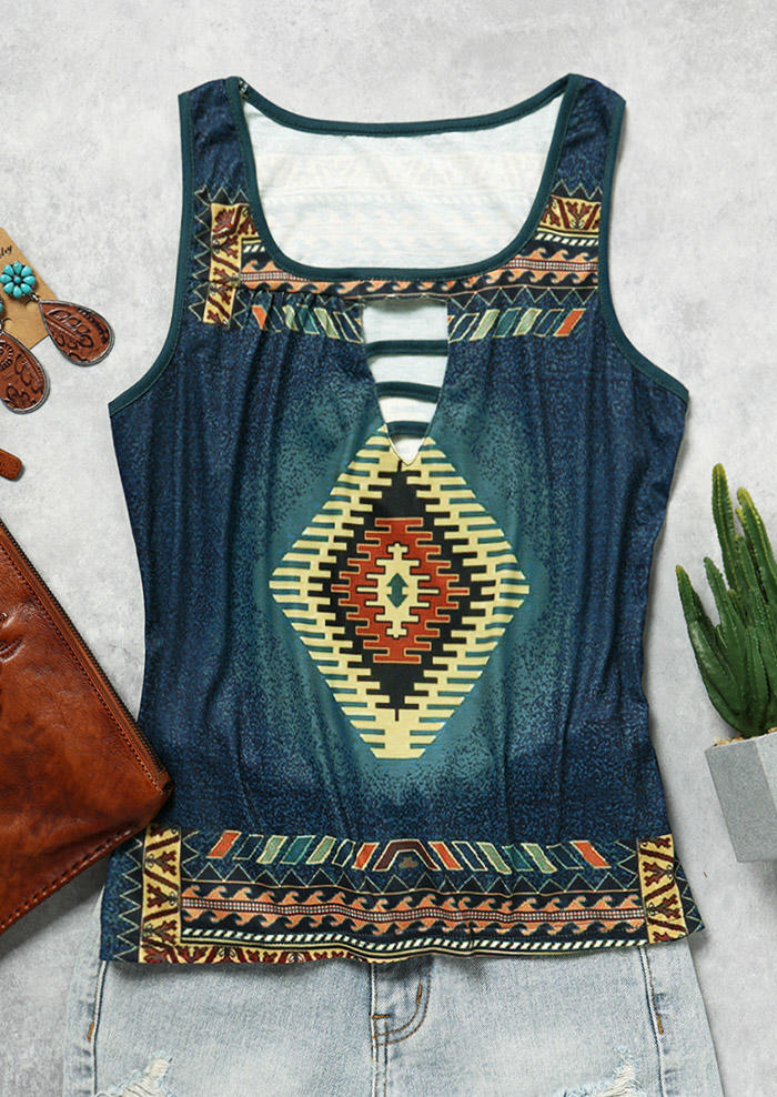 

Tank Tops Aztec Geometric Keyhole Neck Tank Top - Deep Blue in Blue. Size: L,M