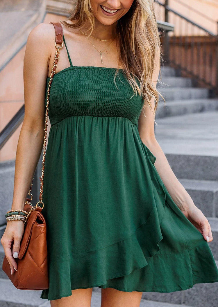 Smocked Ruffled Spaghetti Strap Mini Dress - Green