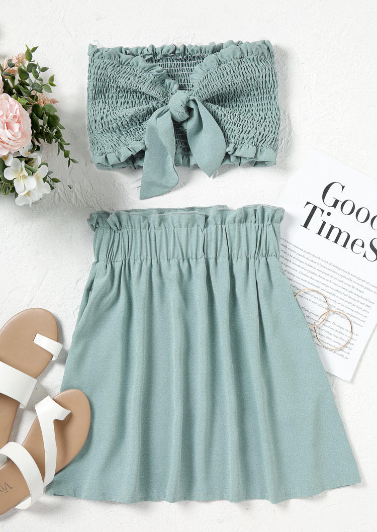 Ruffled Smocked Strapless Crop Top And Mini Skirt Outfit - Light Green