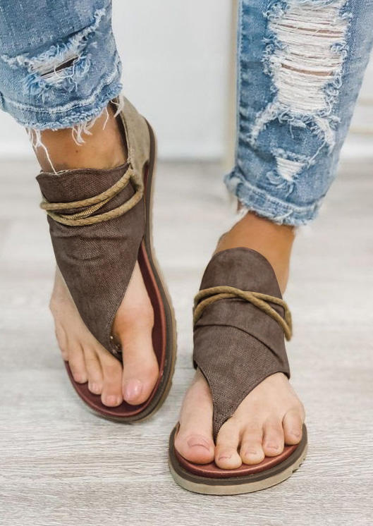 Color Block Zipper Flat Thong Sandals - Khaki