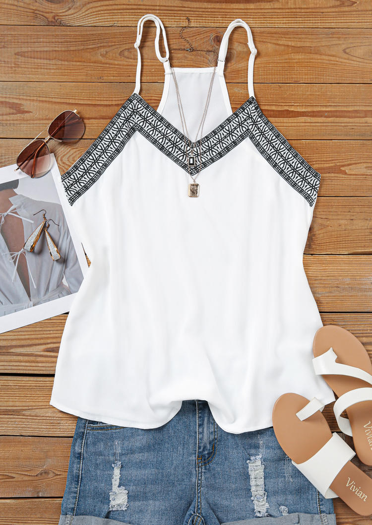 

Tank Tops Ethnic V-Neck Casual Camisole in White. Size: ,XL