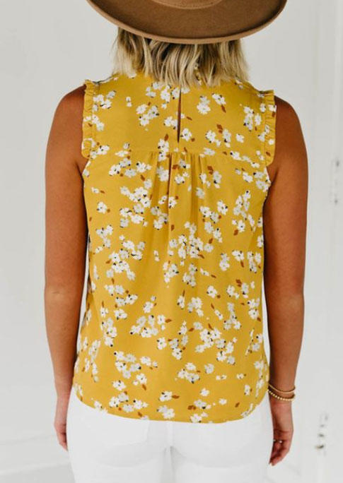 

Tank Tops Ditsy Floral Smocked Hollow Out Ruffled Tank Top in Multicolor. Size