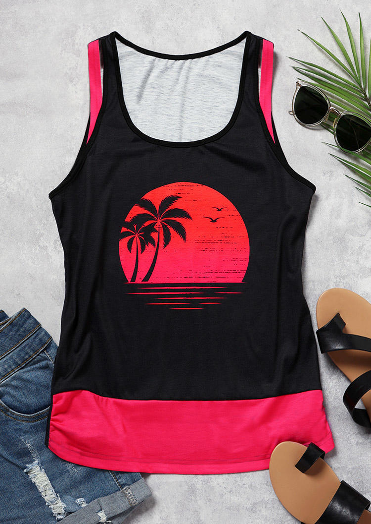 

Tank Tops Sunset Coconut Tree Fake Two-Piece Tank Top in Black. Size: ,XL