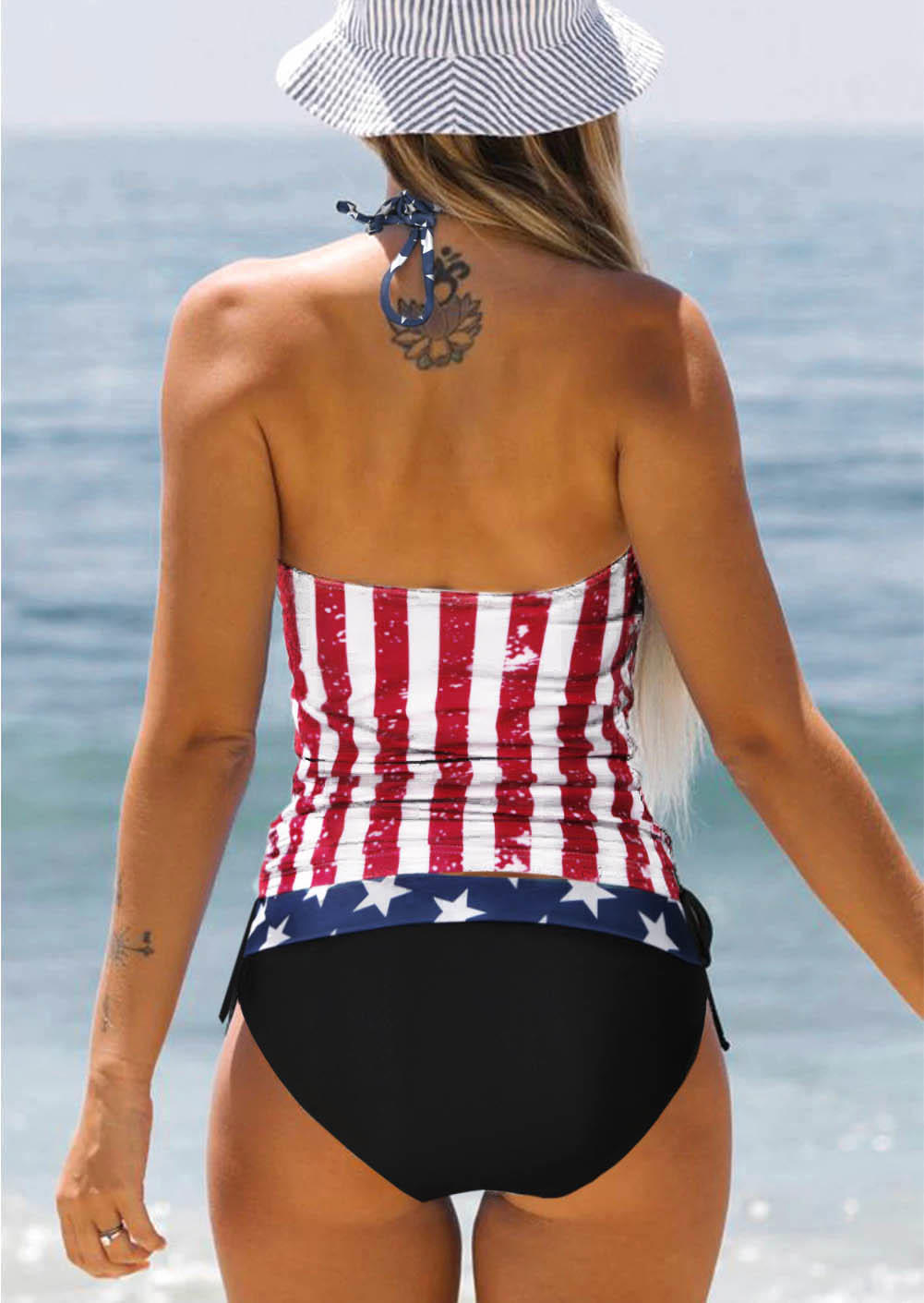 

Tankinis American Flag Hollow Out Halter Tie Tankini Set in Multicolor. Size