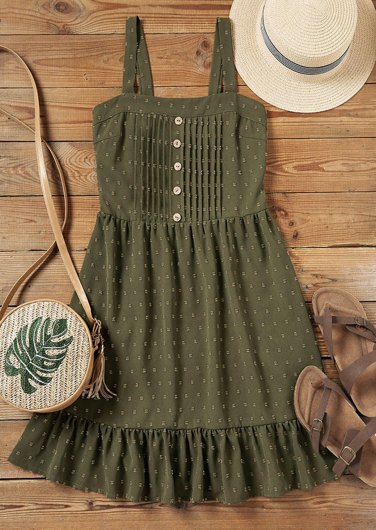 Button Ruffled Sleeveless Mini Dress - Army Green