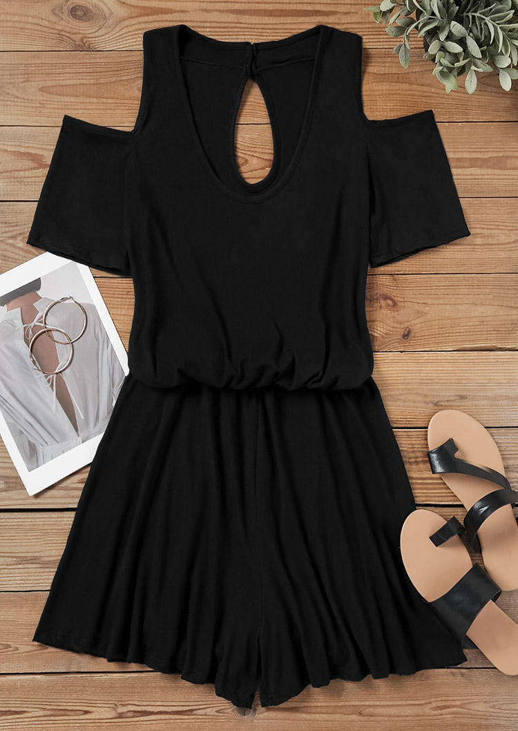 

Jumpsuits & Rompers Button Hollow Out Cold Shoulder Romper in Black. Size