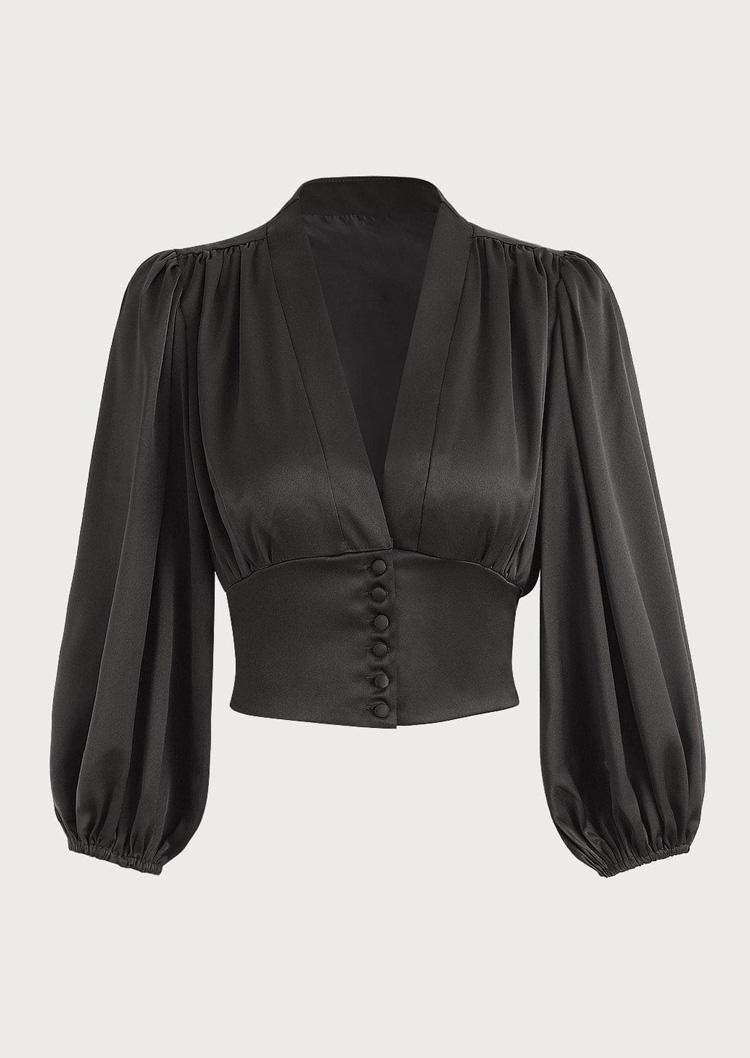 

Blouses Front Button Puff Sleeve Satin Crop Blouse in Black. Size: L,M,,XL
