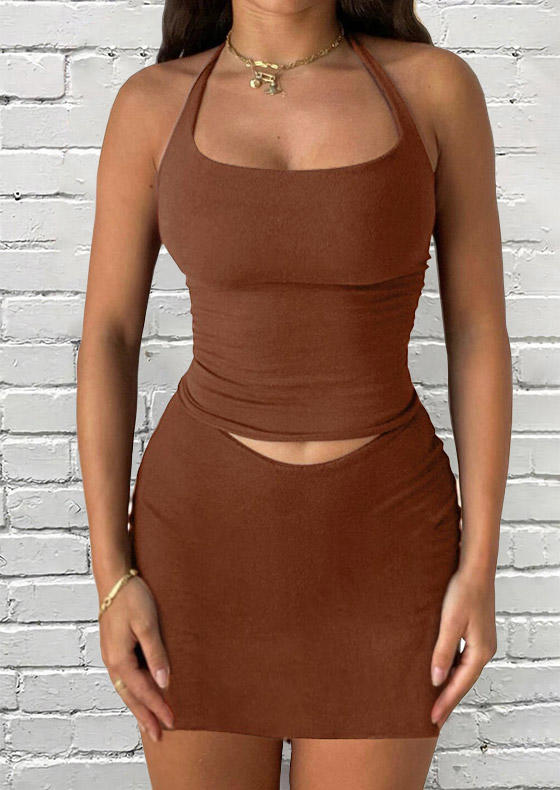 

Two-piece Dresses Halter Crop Top And Mini Skirt Outfit in Brown. Size: L