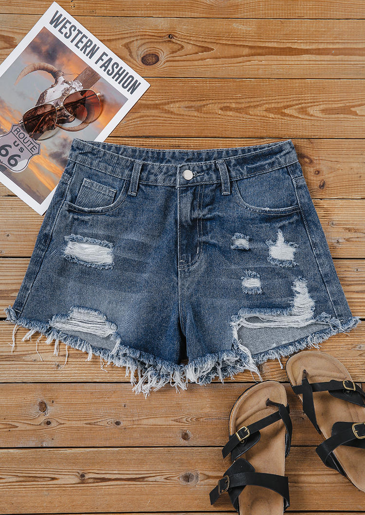 

Shorts Frayed Hem Ripped Hole Pocket Denim Shorts - Deep Blue in Blue. Size: L,,XL