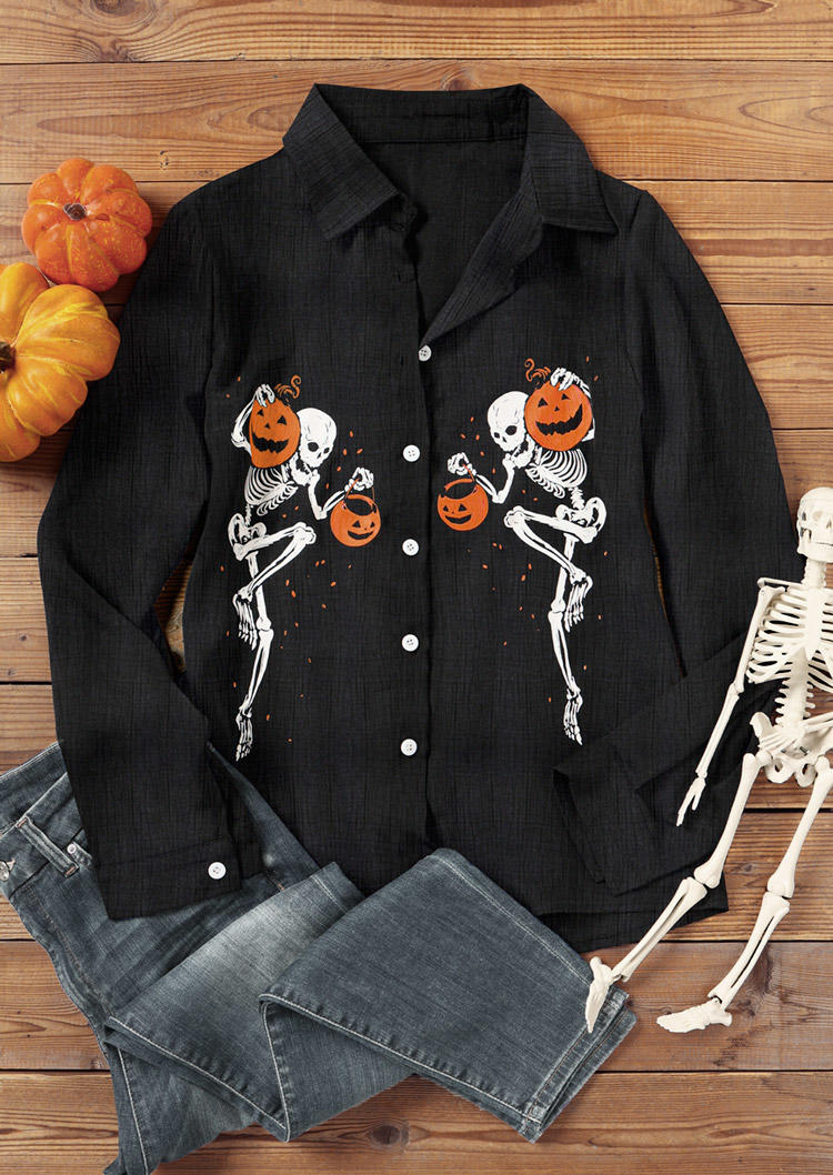 

Shirts Halloween Pumpkin Face Skeleton Button Shirt in Black. Size