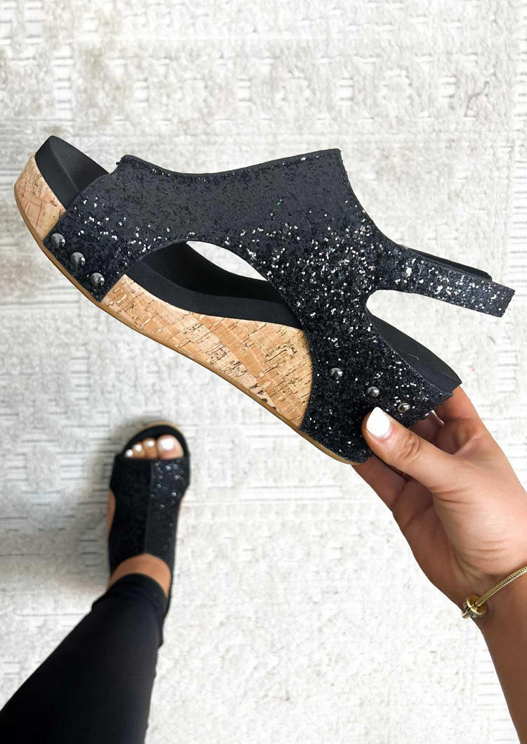 Glitter Peep Toe Wedge Sandals - Black