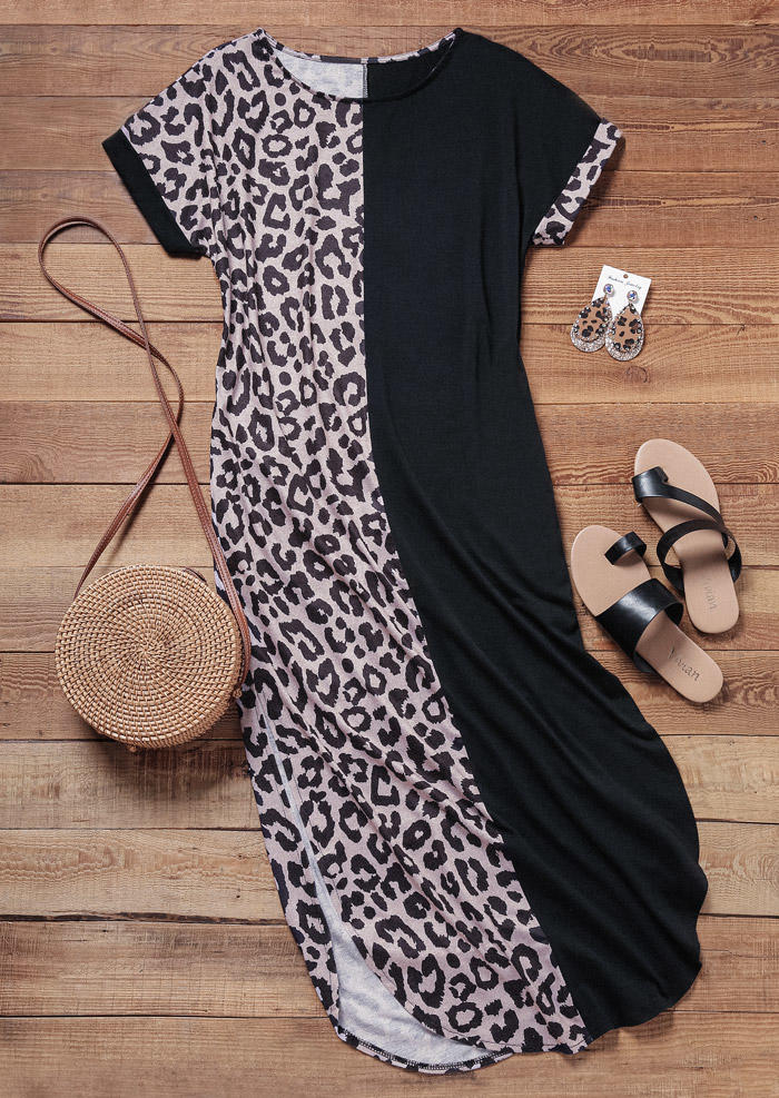 

Maxi Dresses Leopard Color Block Slit Pocket Maxi Dress in Multicolor. Size