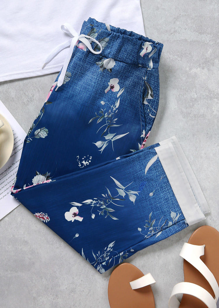 

Pants Floral Pocket Drawstring Cropped Pants in Multicolor. Size: L,M,,XL