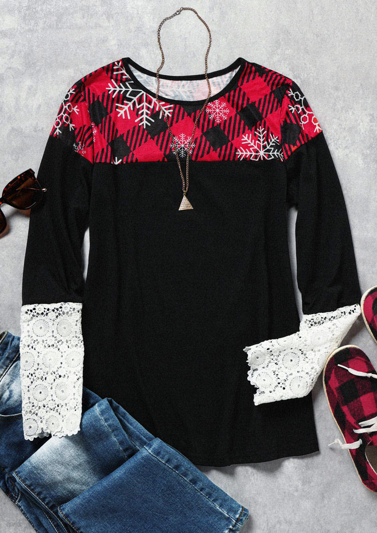 

Blouses Plaid Lace Splicing Long Sleeve Blouse in Black. Size: L,M,,XL