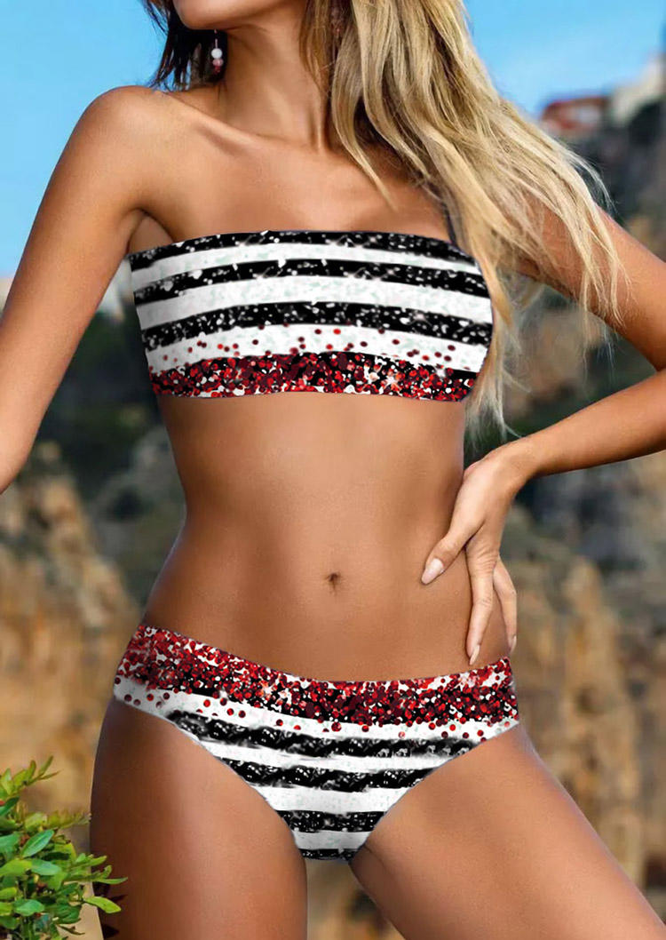 Glitter Striped Strapless Bandeau Bikini Set