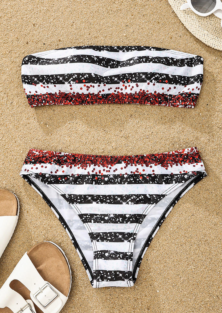 

Bikini Sets Glitter Striped Strapless Bandeau Bikini Set in Multicolor. Size