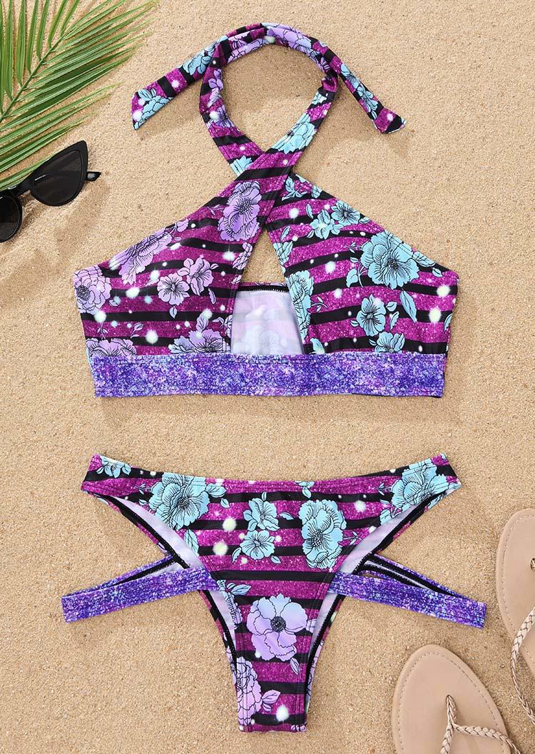 

Bikini Sets Floral Striped Glitter Cut Out Bikini Set in Multicolor. Size: L,M,,XL