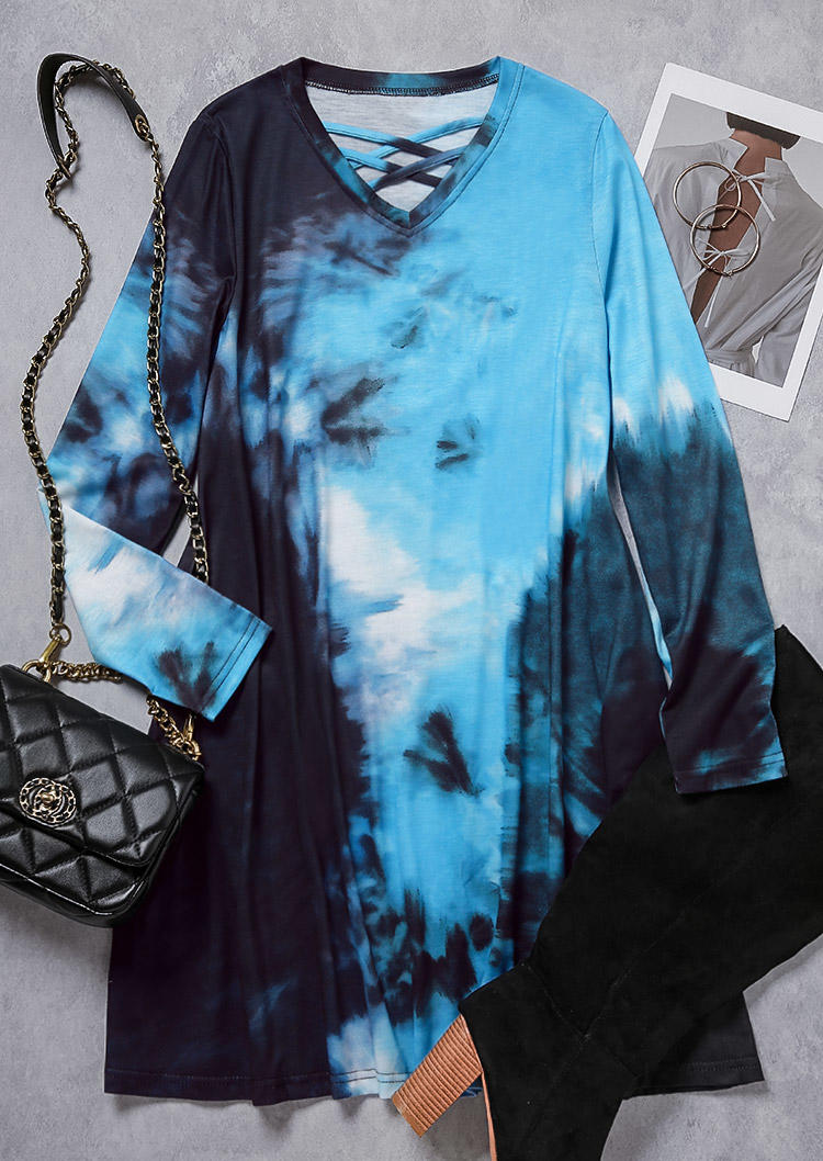 

Mini Dresses Tie Dye Pocket Criss-Cross V-Neck Mini Dress in Multicolor. Size: L,M,,XL