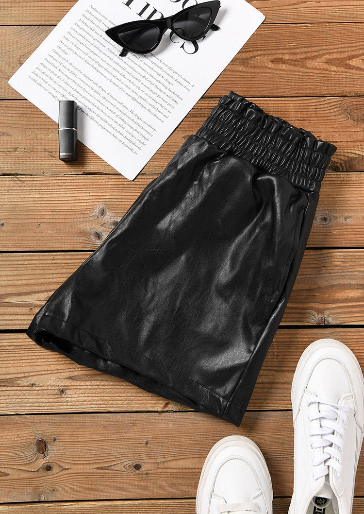 Ruffled Pocket PU Leather Shorts - Black