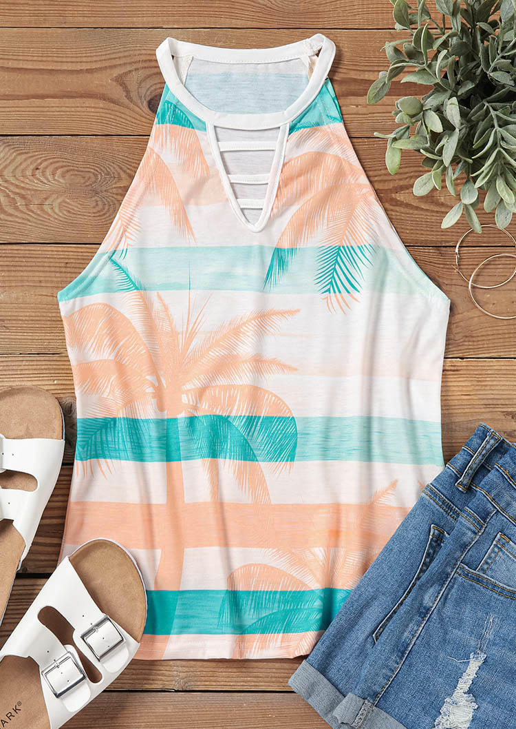 

Tank Tops Coconut Tree Striped Color Block Keyhole Neck Tank Top in Multicolor. Size: L,M,,XL