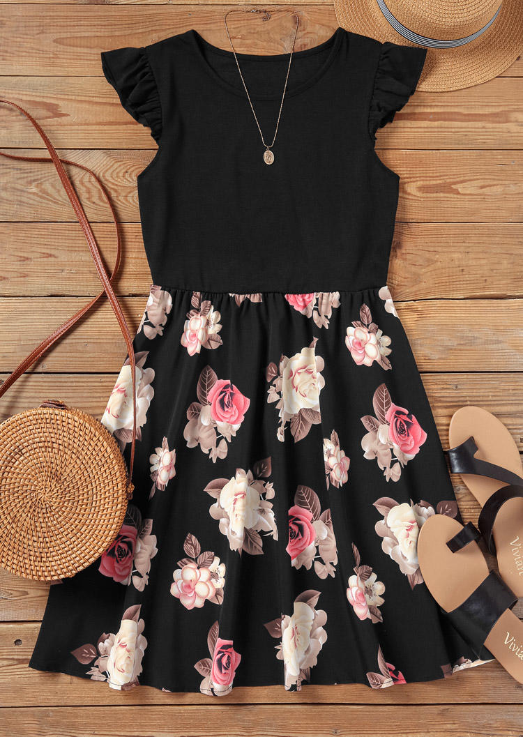 

Mini Dresses Floral Ruffled Cap Sleeve Mini Dress in Black. Size