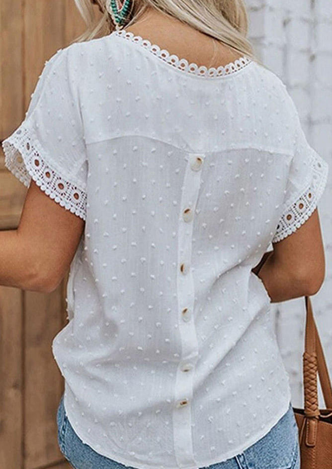 

Blouses Lace Splicing Button O-Neck Blouse in White. Size: M,,XL