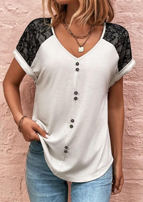 

Blouses Button Lace Splicing V-Neck Blouse in White. Size: L,M,,XL