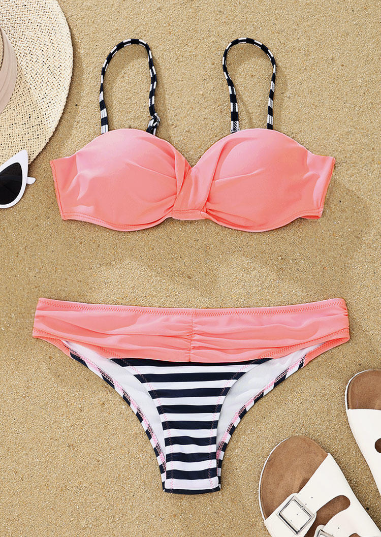 

Bikini Sets Striped Splicing Ruffled Bikini Set in Pink. Size