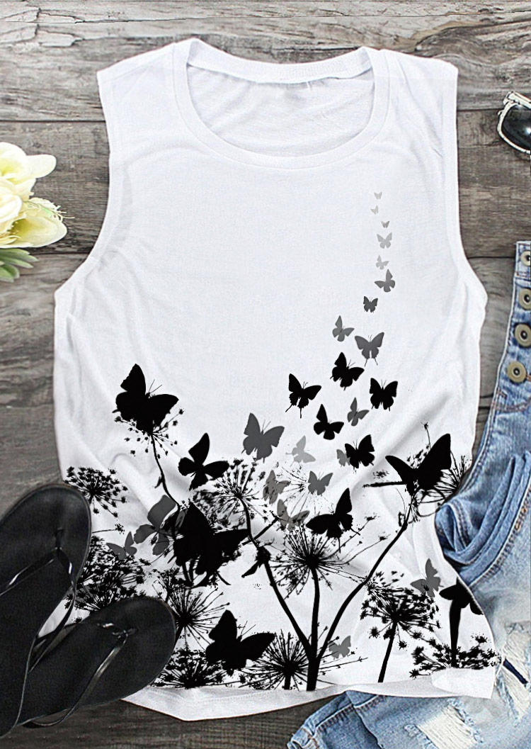 

Tank Tops Dandelion Butterfly O-Neck Tank Top in White. Size