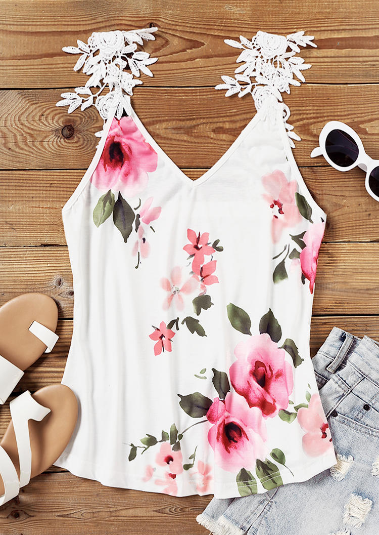 

Tank Tops Floral Lace Splicing V-Neck Tank Top in White. Size