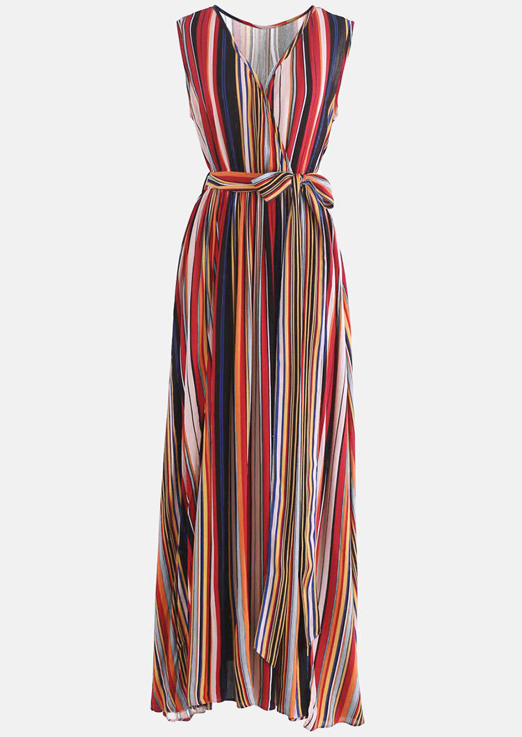 Colorful Vertical Striped Slit Sleeveless Maxi Dress