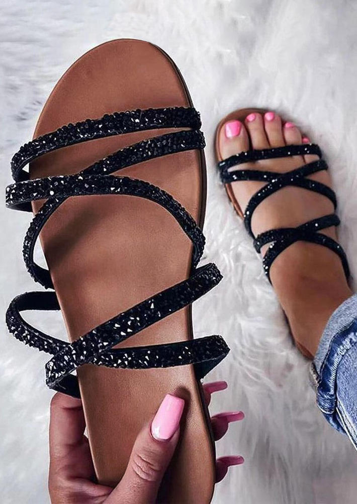 Rhinestone Criss-Cross Round Toe Flat Slippers - Black