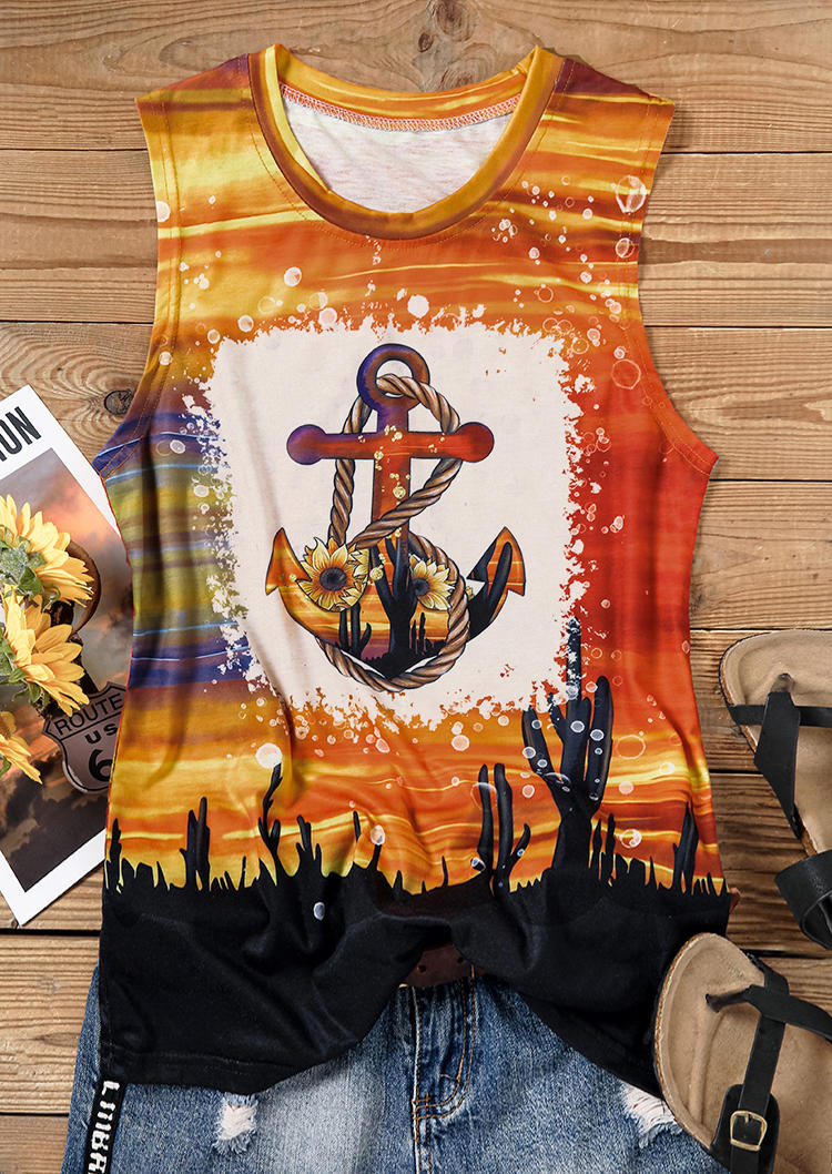 

Tank Tops Sunflower Cactus Anchor Bleached O-Neck Tank Top in Multicolor. Size: L,M,,XL