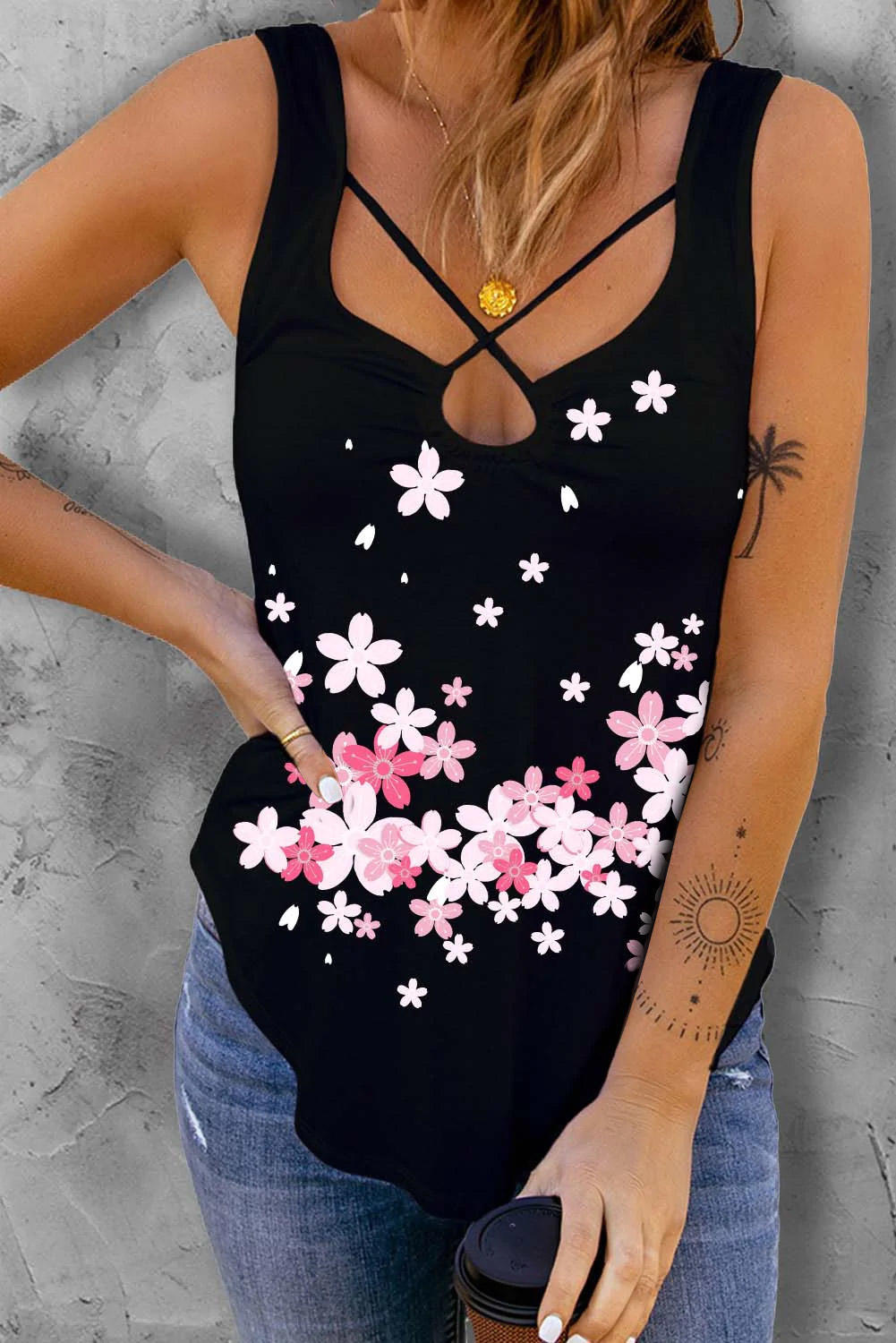 

Tank Tops Cherry Blossoms Criss-Cross Tank Top in Black. Size: L,,XL
