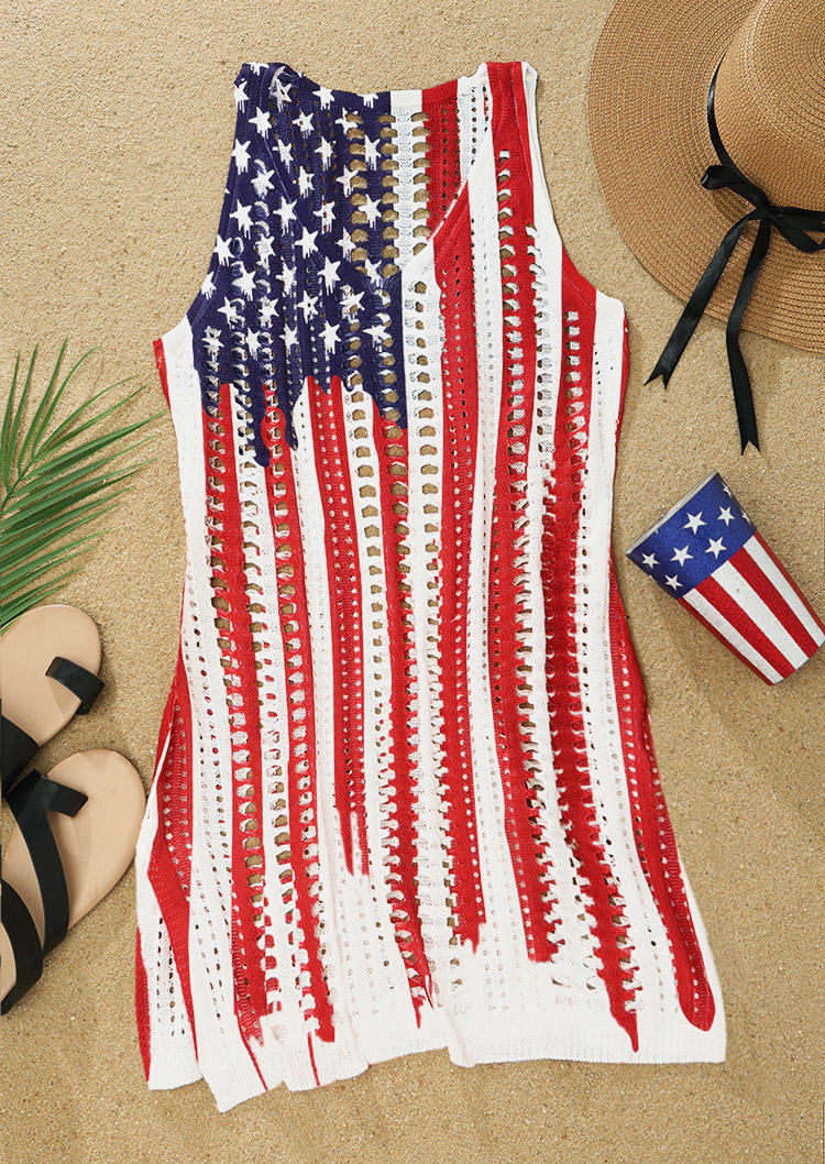 

Cover Ups American Flag Hollow Out Slit Crochet Cover Up Dress in White. Size