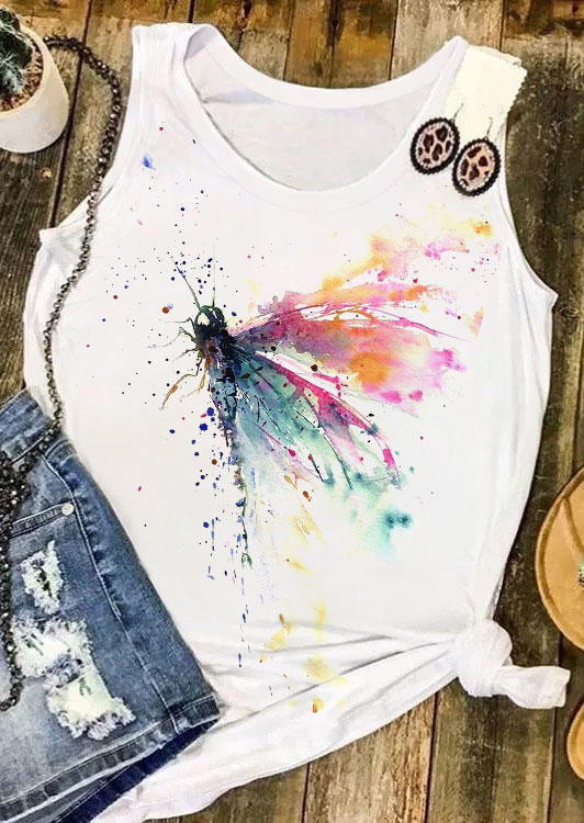 

Tank Tops Abstract Dragonfly O-Neck Tank Top in White. Size