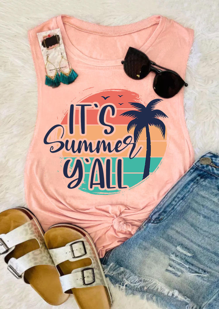 

Tank Tops It's Summer Ya'll Coconut Tree Tank Top in Pink. Size