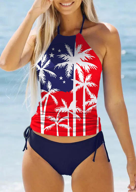 Coconut Tree American Flag Halter Tankini Set - Blue