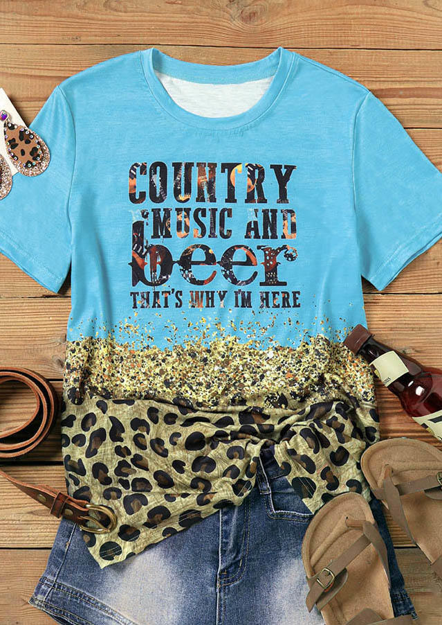 

T-shirts Tees Country Music And Beer That' Why I'm Here Leopard T-Shirt Tee in Blue. Size: M