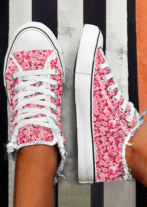 

Sneakers Floral Lace Up Round Toe Flat Sneakers in Pink. Size