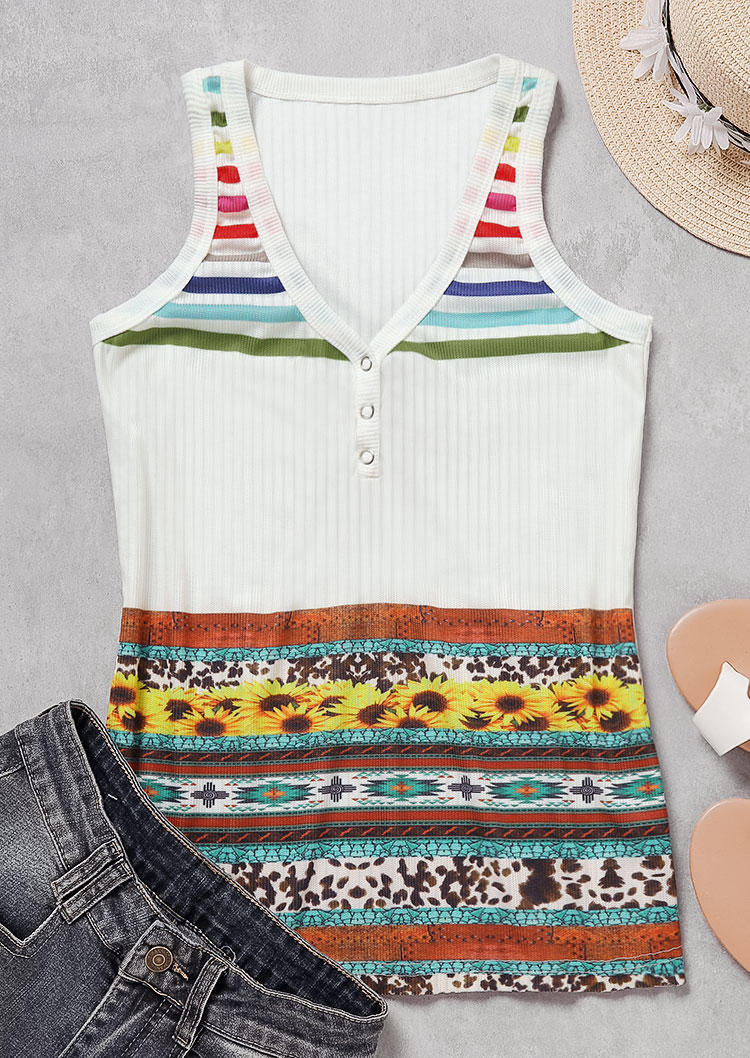 

Tank Tops Colorful Striped Aztec Geometric Cow Sunflower Snap Button Tank Top in Multicolor. Size: L,M,,XL