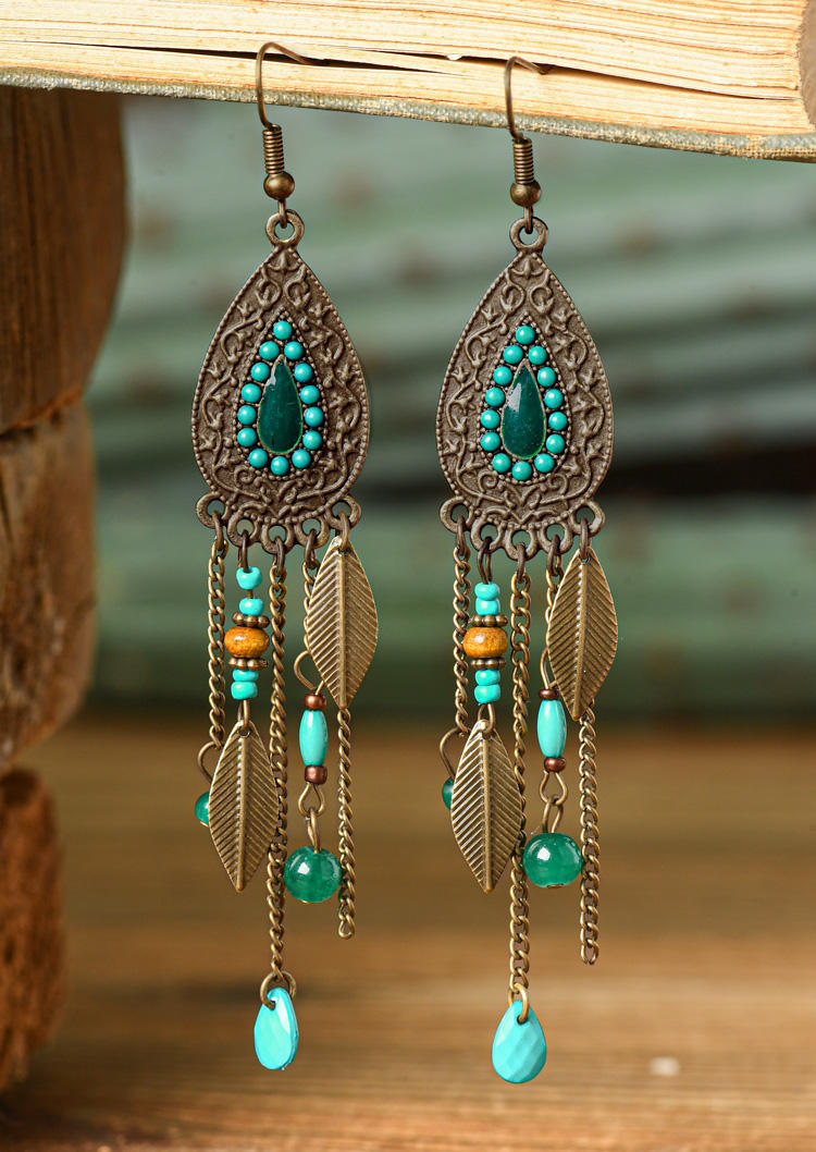 

Earrings Vintage Leaf Bead Tassel Water-Drop Shaped Earrings in Blue. Size